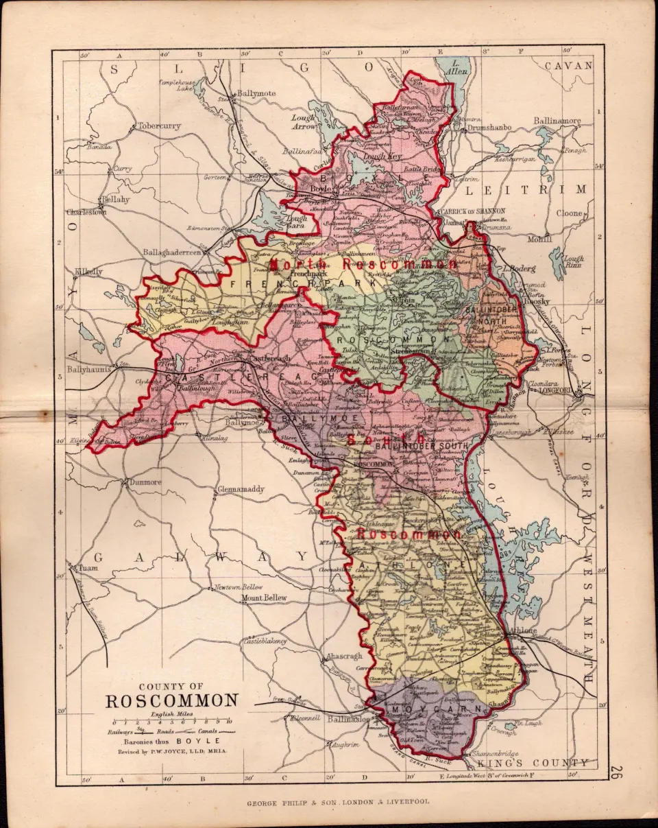 County Of Roscommon  Ireland Antique Detailed Coloured Victorian Map.