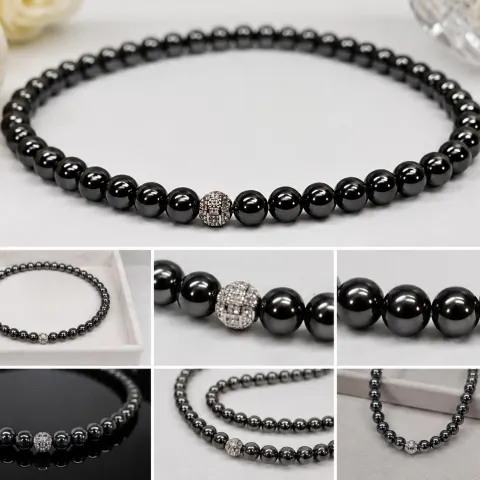 Hematite Bead Necklace with Sparkling Crystal Centre Bead