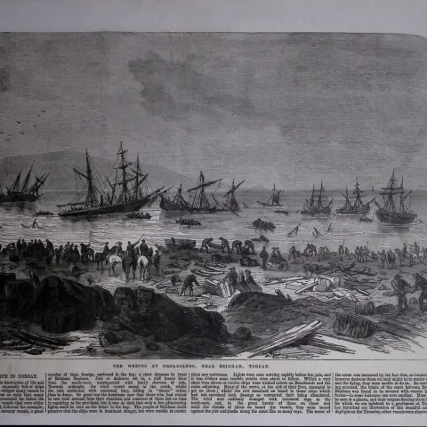 The Ship Wrecks Broadstairs Near Brixham Torbay Antique Woodcut Engraving.