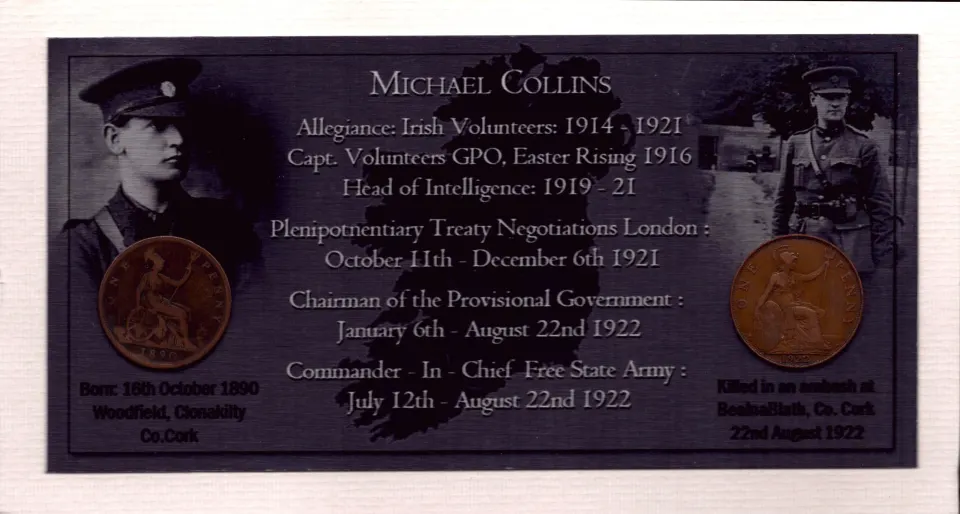 Michael Collins “The Big Fella”  Irish leader Original Birth & Death Coin Metal Display.