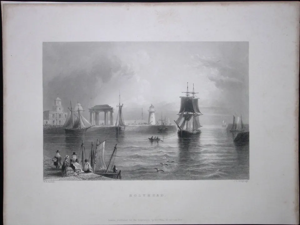 Holyhead Harbour Anglesey Wales WH Bartlett 1842 Antique Steel Engraving-98