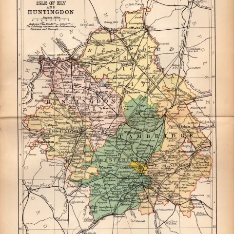 County Of Cambridgeshire 1895 Antique Victorian Coloured Map.