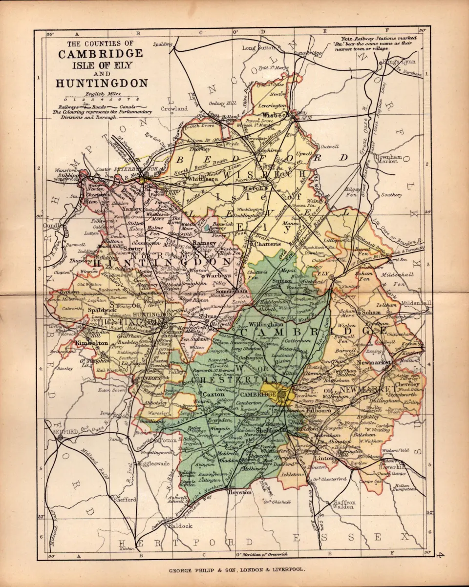 County Of Cambridgeshire 1895 Antique Victorian Coloured Map.