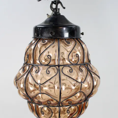 Mid 20th c. Handblown Seguso Murano Amber Glass Caged Pendant Light