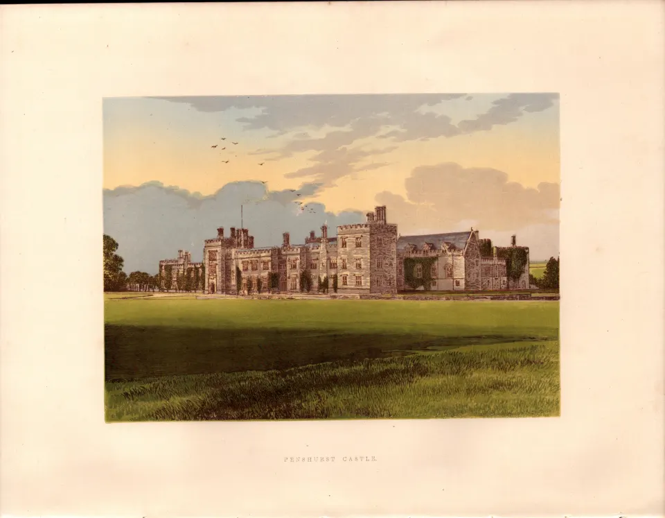 Penhurst Castle Kent Gilt-Edge Coloured Antique Book Plate.