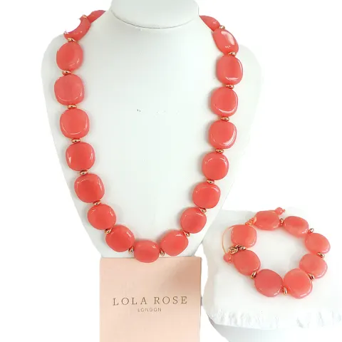 Lola Rose London Grace Pink Quartz Gemstone Necklace & Bracelet 'New With Gift Pouch'