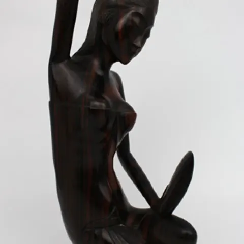 Vintage Balinese Hardwood Sculpture – Seated Woman with Mirror