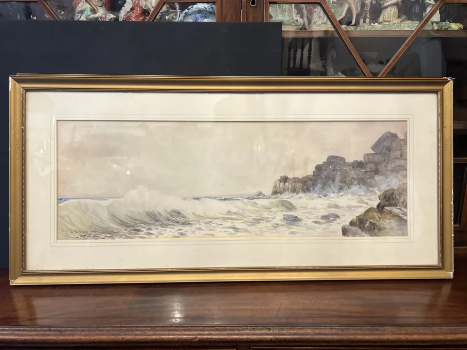 C19th Watercolour of Cornwall coast in gilt frame