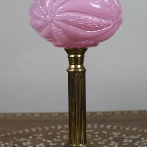 Victorian Brass Oil Lamp with Pink Glass Font, c.1880