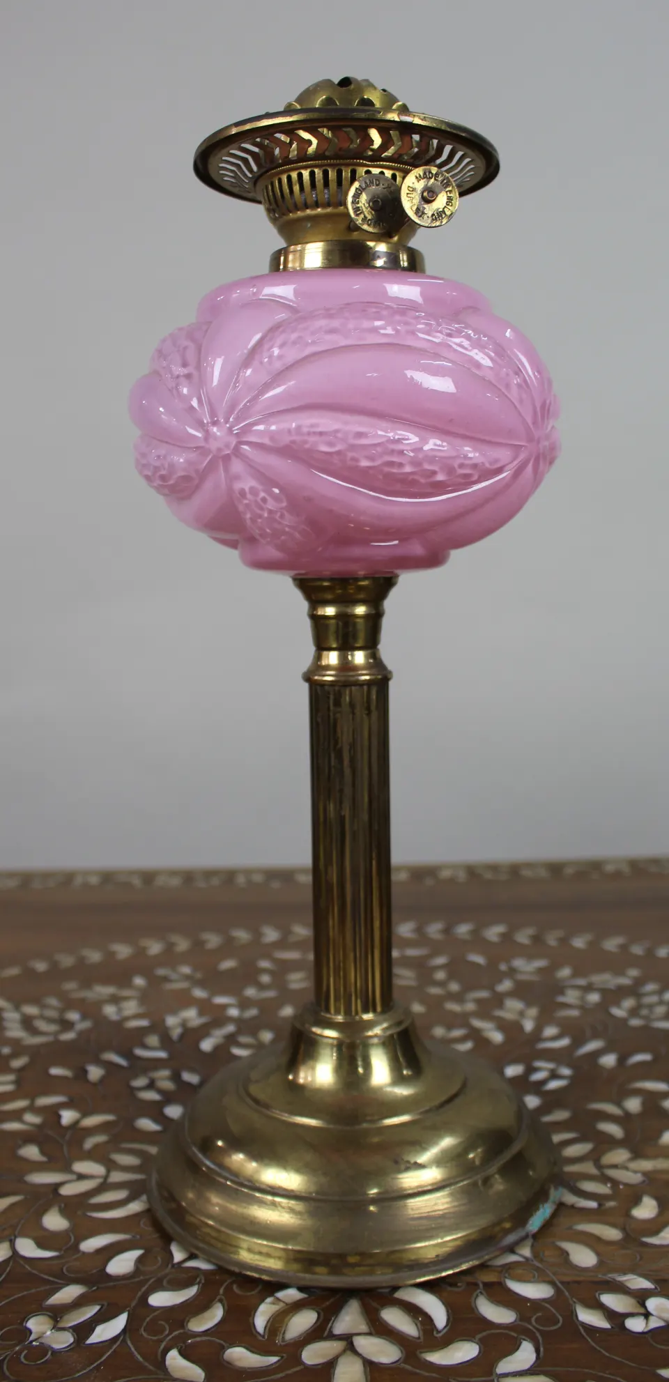 Victorian Brass Oil Lamp with Pink Glass Font, c.1880