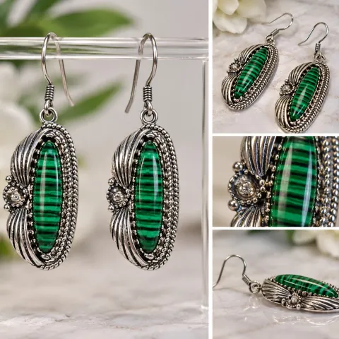 925 Sterling Silver Green Stone Drop Earrings