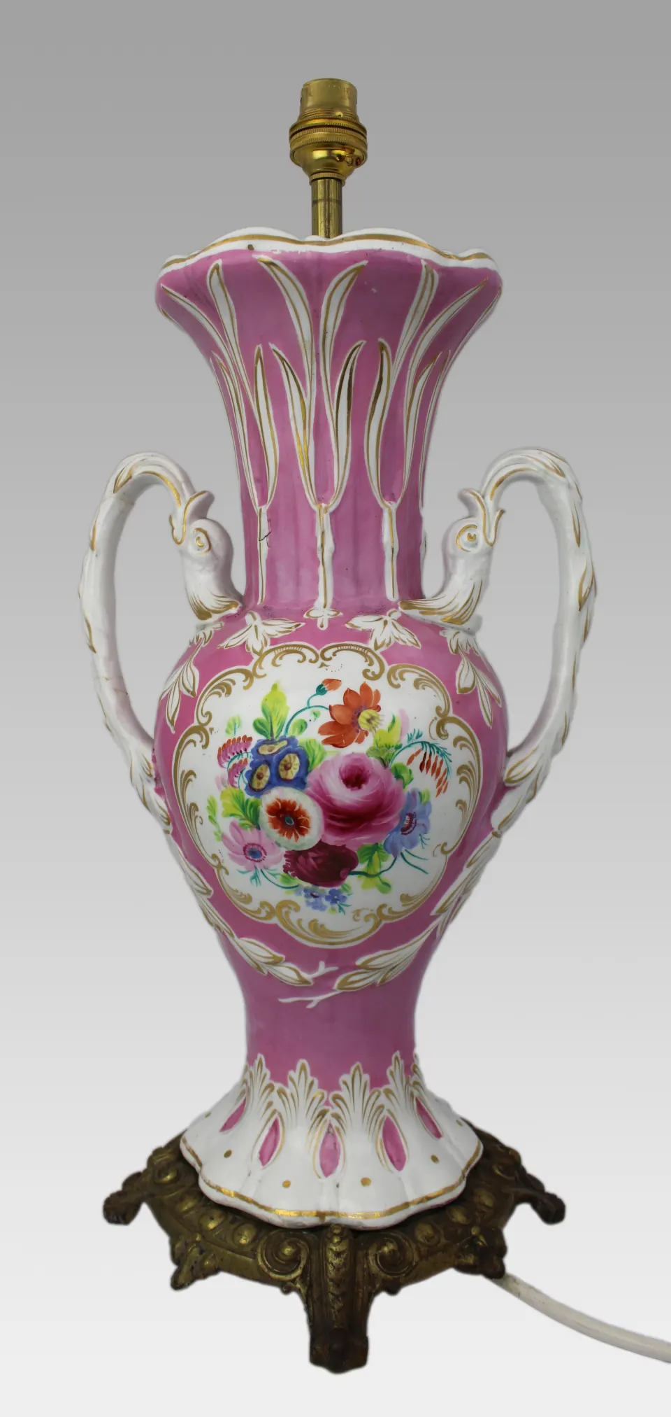 Antique Hand Painted Pink Ground Porcelain Table Lamp, c.1890