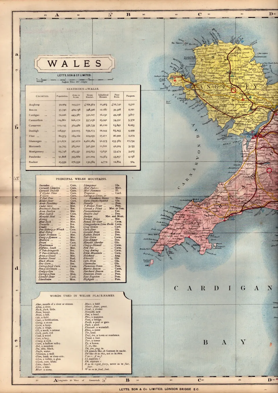 County of Huntingdonshire Large Victorian Letts 1884 Antique Coloured Map.