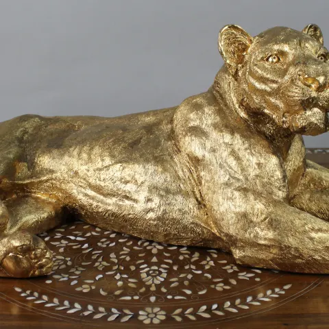 Large Reclining Lioness Sculpture Resin with Hand-Applied Gold Leaf Finish