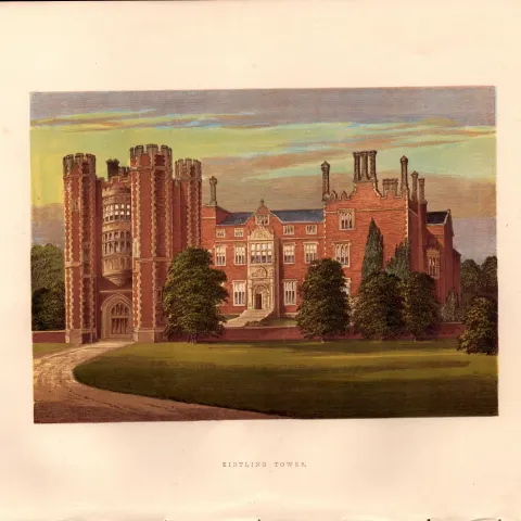 Kirtling Tower Cambridgeshire Gilt-Edge Coloured Antique Book Plate.