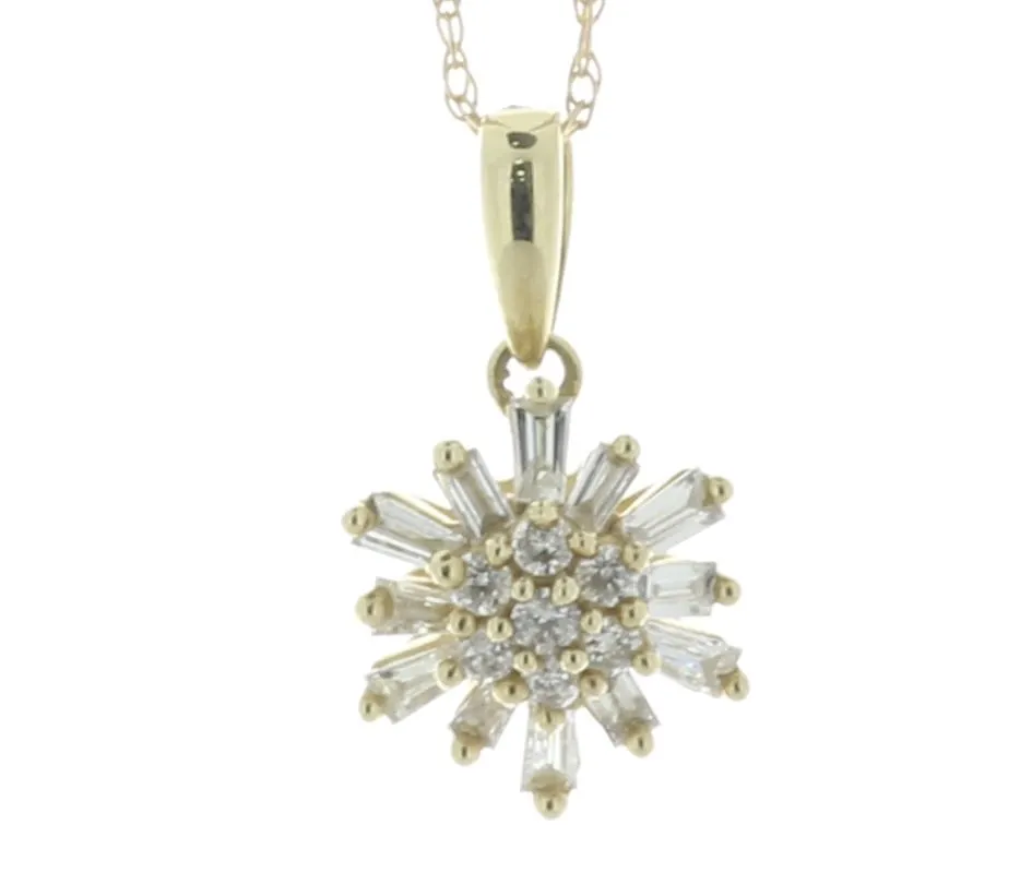 10ct Yellow Gold Diamond Cluster 'Sun' Pendant And Chain 0.21 Carats
