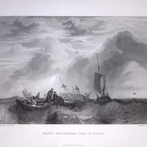 J.M.W Turner Orange Merchantman Large Antique Steel Engraving-64-TR