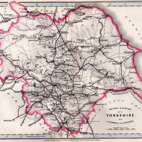 Yorkshire Cruchley Scarce Antique Railways & Stations Coloured Map.