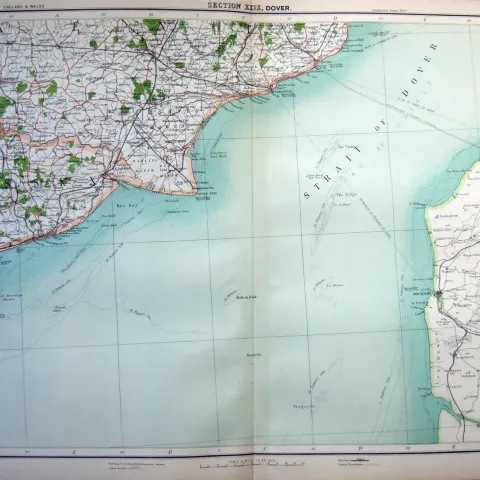 Victorian 1897 Large Map Dover Folkestone Hastings French Coast Etc.