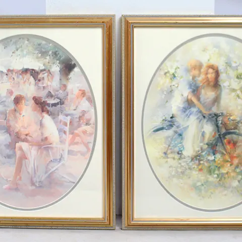 Pair of Oval Prints Mounted & Set in Gilt Frames