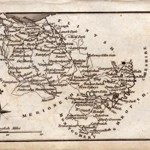 Wales Denbighshire Antique Copper Engraved Map by Sidney Hall.