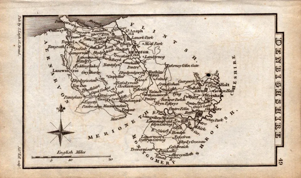 Wales Denbighshire Antique Copper Engraved Map by Sidney Hall.