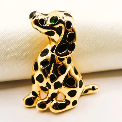 Vintage Gold Plated Enamel Dalmatian Puppy Brooch