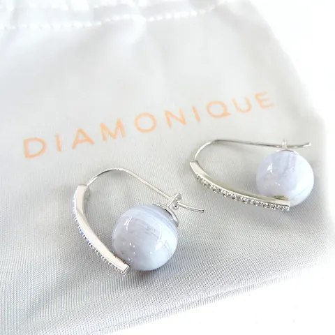 925 Silver Ice Blue Quartz Diamonique Hoop Earrings 'New'