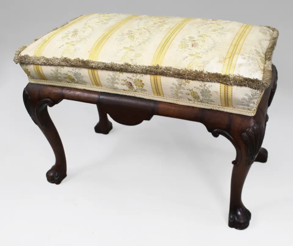 Carved Walnut Upholstered Footstool, c. 1900-1910