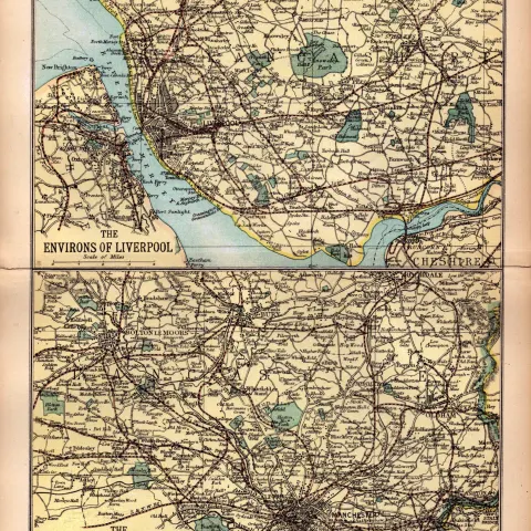 Environs of Manchester & Liverpool 1895 Antique Victorian Coloured Map.