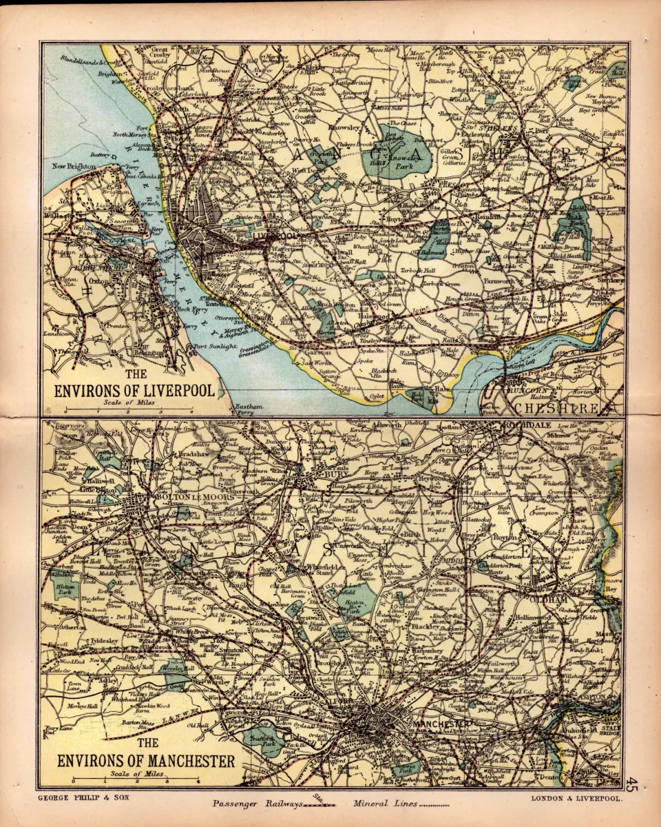 Environs of Manchester & Liverpool 1895 Antique Victorian Coloured Map.