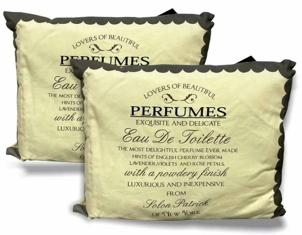 2 x VINTAGE PERFUME CREAM/GREY 'EAU DE TOILETTE' CUSHIONS - 40CM