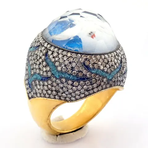 Hand-made gold&silver ring. Detailed with topaz with reversaly engraved intaglio bird and diamonds