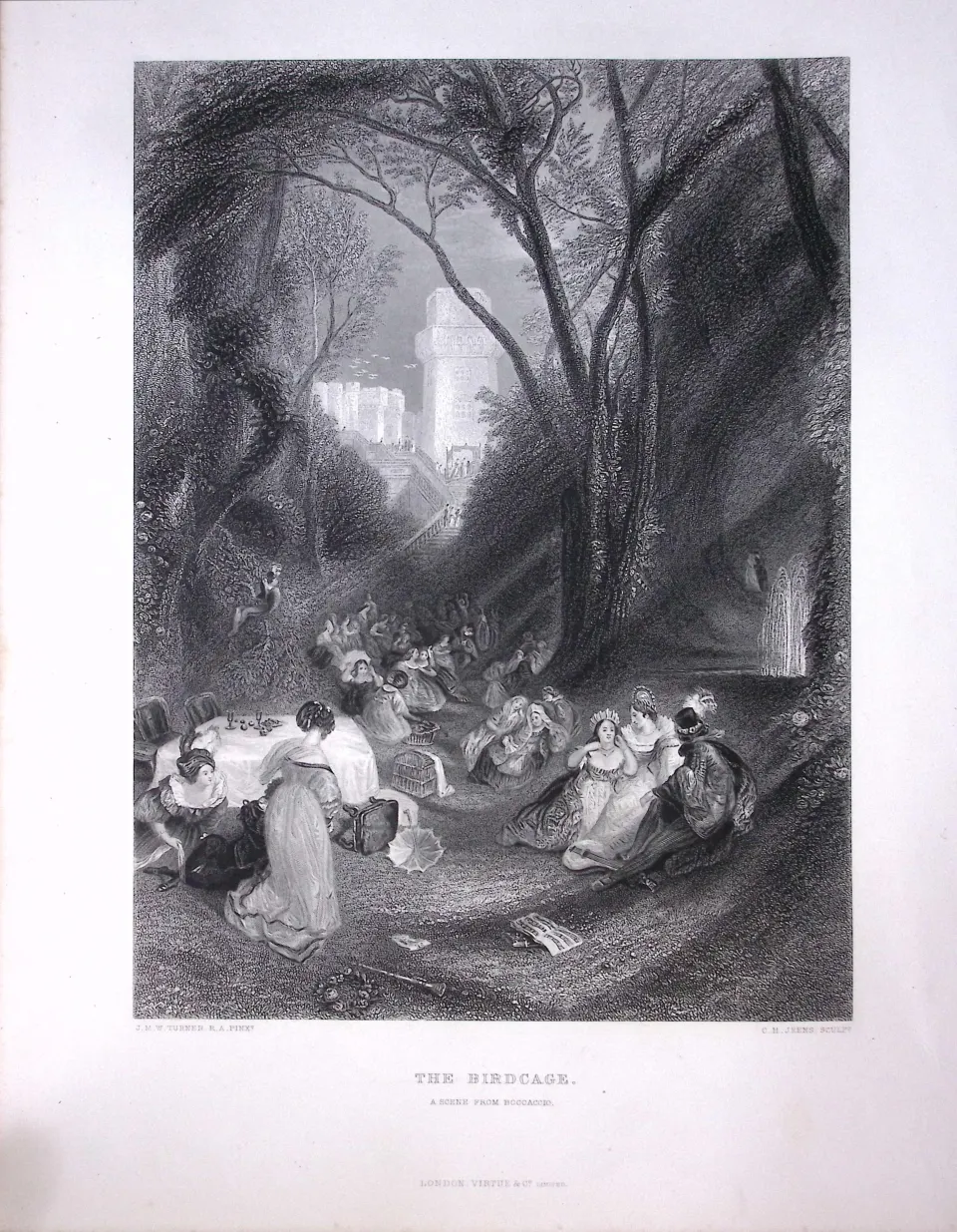 J.M.W Turner Scene From The Birdcage Antique Steel Engraving-35-TR
