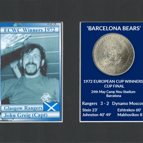 John Greig Barcelona Bears 1972 ECWC Mounted Card & Coin Gift Set.