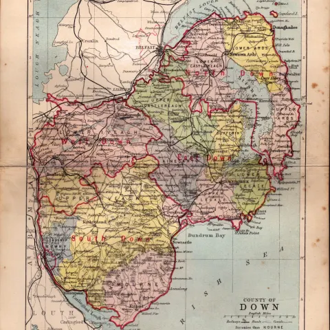 County Down Ireland Antique Detailed Coloured Victorian Map.