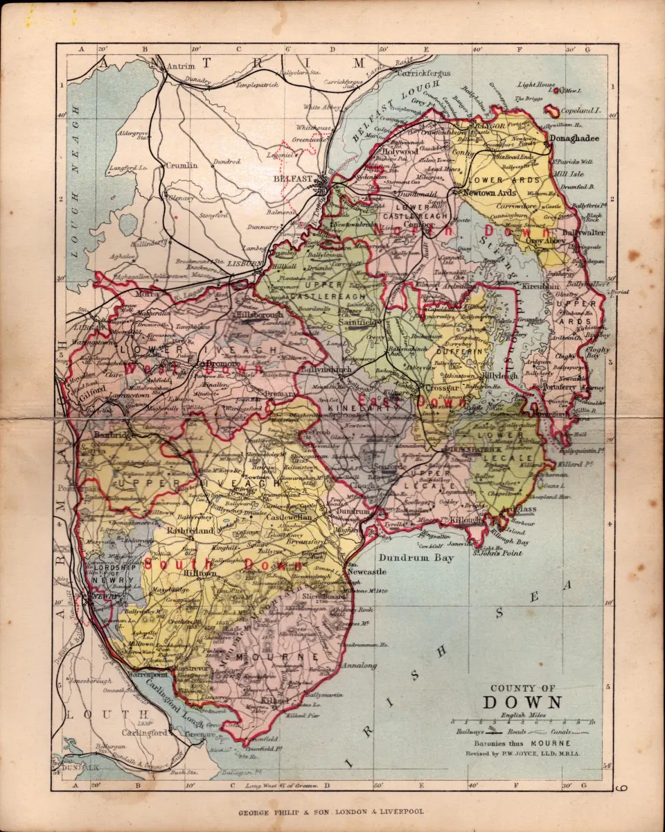 County Down Ireland Antique Detailed Coloured Victorian Map.