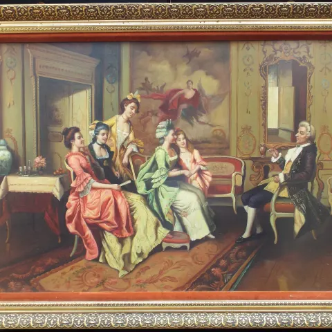 Fine Aristocratic Interior Genre Oil Painting Set in Gilt Frame