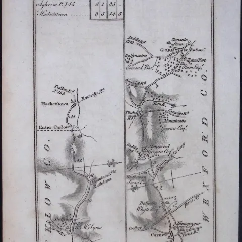 Ireland 245 Years -Old Antique Road Map Dublin To Carnew To Gorey-146