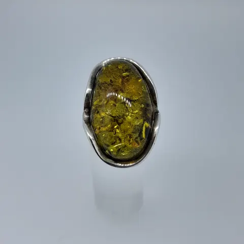 Silver 925 and Natural Green Amber Set Ring