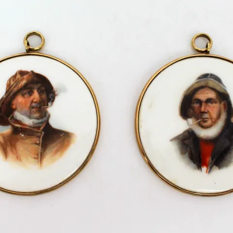 Pair of Antique Hand Painted Porcelain Plaques In 9ct Gold Surrounds