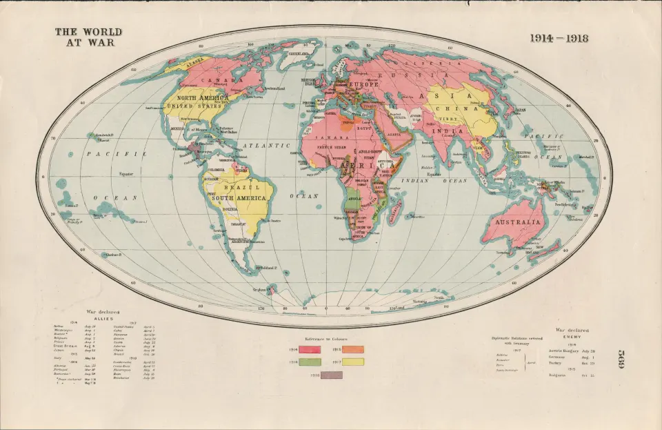 WW1 The World At War 1914-1918 Coloured Antique Map 1922.