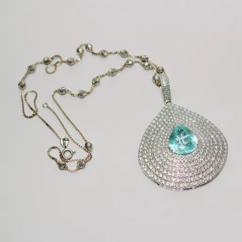 14 K / 585 White Gold Paraiba Tourmaline and Diamond Pendant Necklace