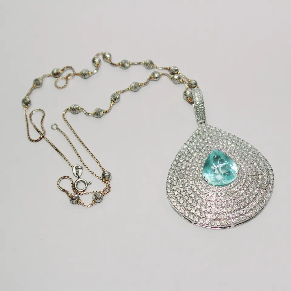 14 K / 585 White Gold Paraiba Tourmaline and Diamond Pendant Necklace