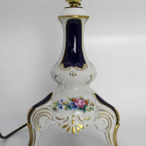 Lindner Kueps German Porcelain Floral White & Cobalt Table Lamp