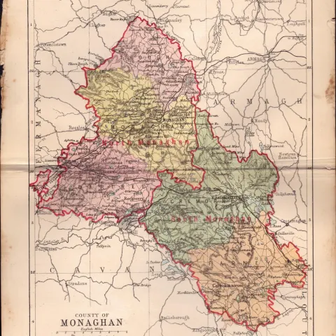 County of Monaghan Ireland Antique Detailed Coloured Victorian Map.