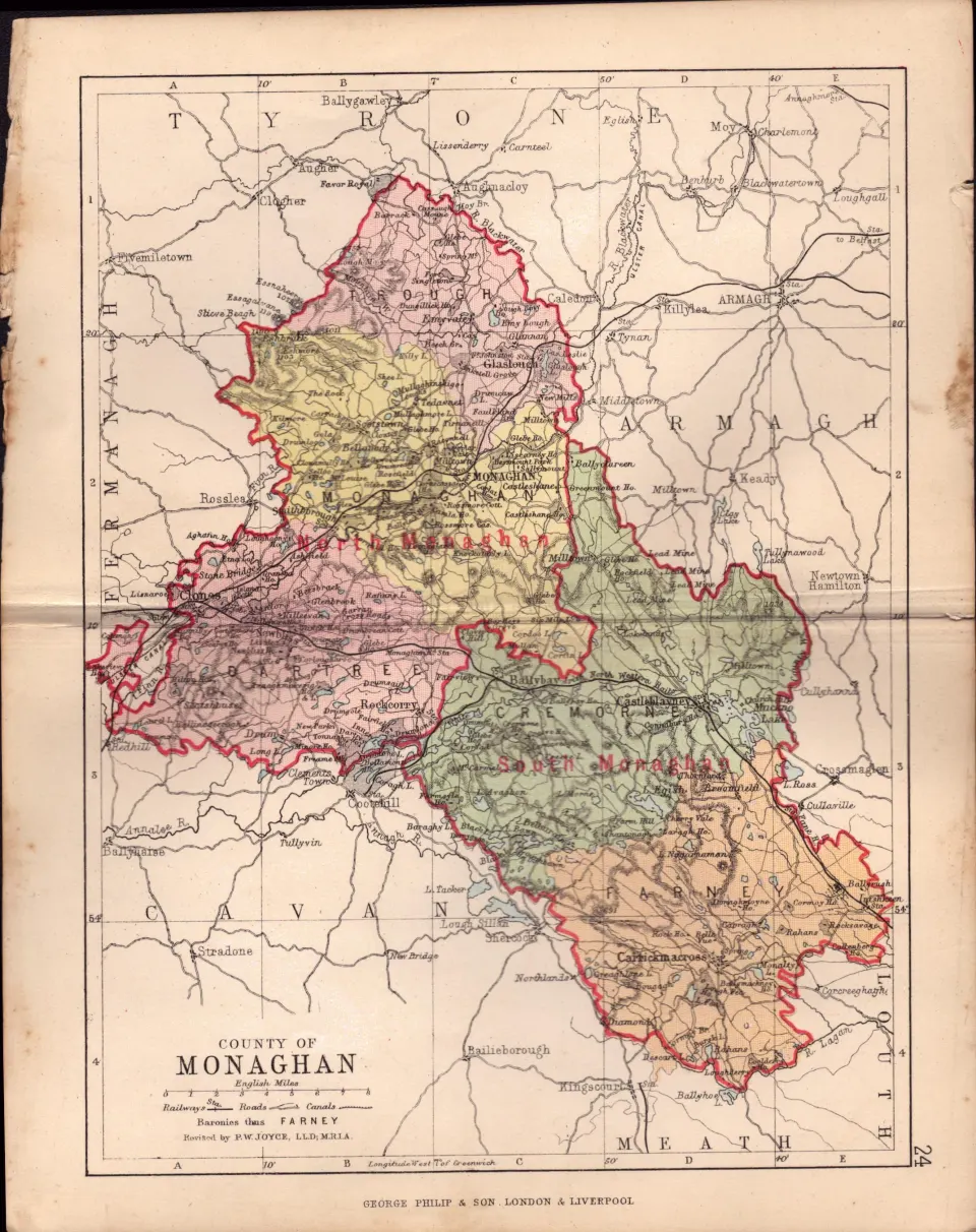 County of Monaghan Ireland Antique Detailed Coloured Victorian Map.