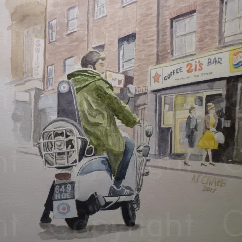 Mods & Scooters "Mod outside the 2ii's café London" Large Metal Wall Art