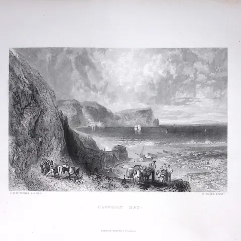 J.M.W Turner Clovelly Bay Devon Large Antique Steel Engraving-84-TR