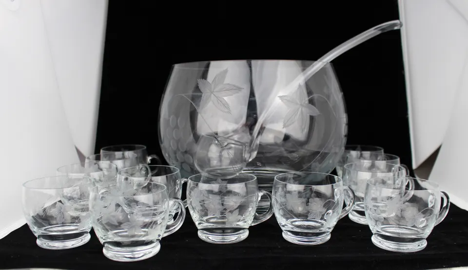 Vintage Punch Bowl, Ladle & 12 Glasses
